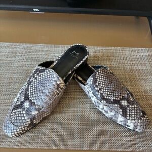 Marc Fisher Black and Gray Snakeskin Mules
